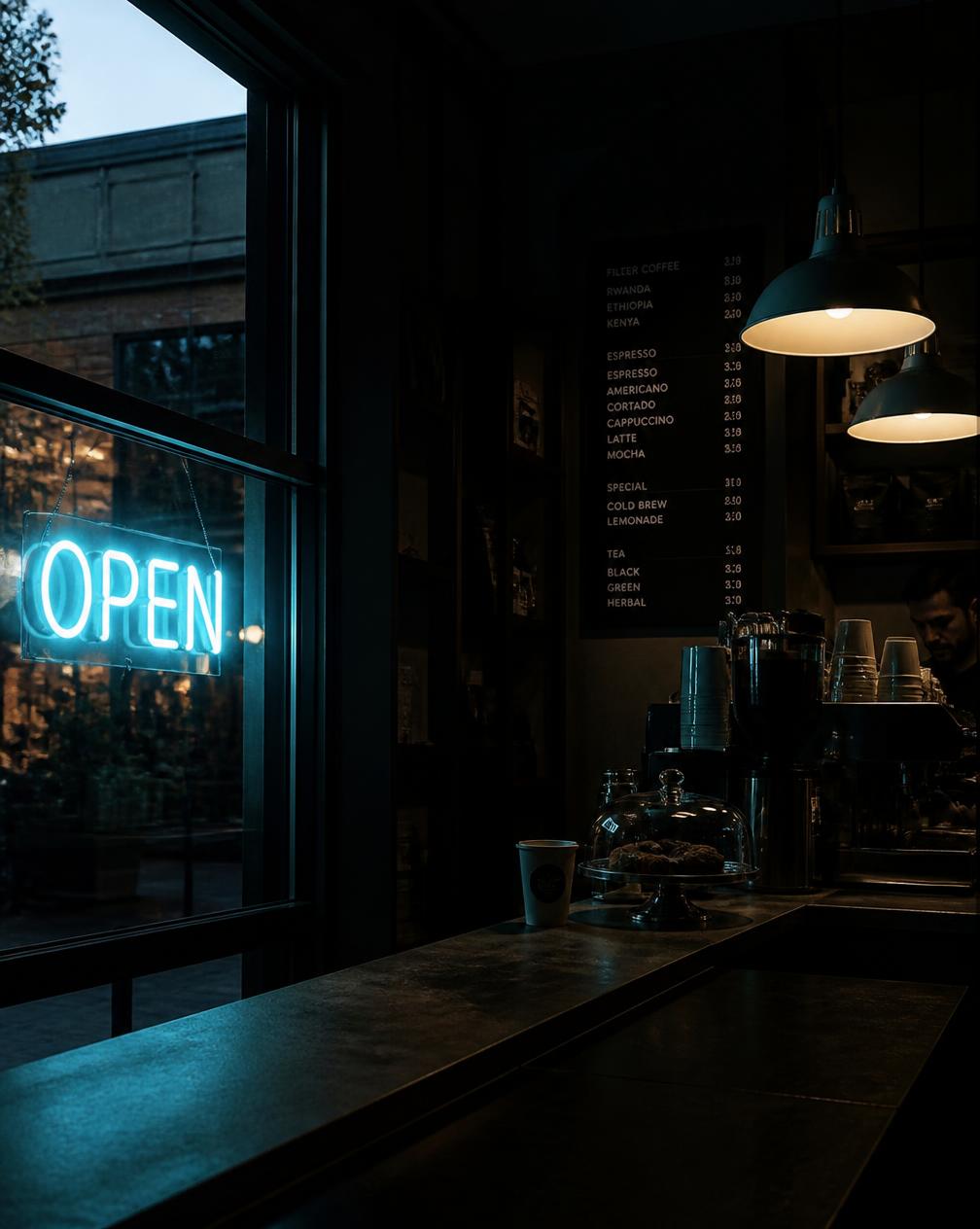 Cyan neon OPEN sign hanging in the window of a dark café at dusk